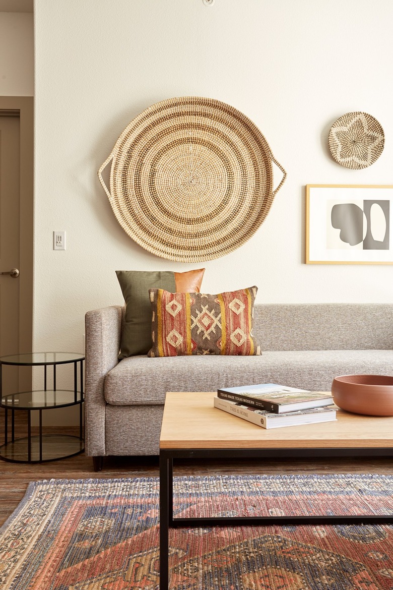 Southwestern living room with taupe couch
